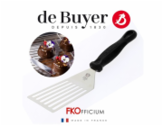 Obracečka de Buyer, 4232.01 OFFSET, děrovaná, nerezová ocel, 12 cm pracovní plochy, lze mýt v myčce na nádobí, ergonomicky tvarovaná rukojeť, protiskluzová úprava, očko pro zavěšení, výroba Francie