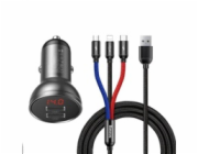 Baseus rychlonabíječka do auta 2xUSB 4,8A 24W s displejem + 3v1 kabel černá