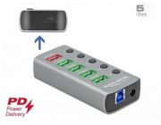 Delock Rozbočovač USB 3.2 Gen 1 se 4 porty + 1 rychlonabíjecím portem + 1 portem USB-C PD 3.0 s přepínačem a osvětlením 63263