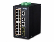 Planet IGS-20160HPT L3 switch, 18x1Gb, 2x2.5Gb SFP, 16x PoE 802.3at 320W, dual 48-56VDC, -40~75°C, IP30