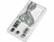 Neutrální USB kabel USB-A - USB-C + microUSB + Lightning 1 m Stříbrný