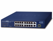 Planet FGSD-1821P PoE switch, 16x100M + 1xGb/SFP, extend mód 10Mb-250m, PoE 802.3at 185W