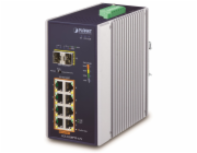 Planet IGS-1020PTF-12V Průmyslový L2 PoE switch, 8x1Gb + 2xSFP, 802.3at 30/240W, IP30, -40~+75°C, 12-56VDC