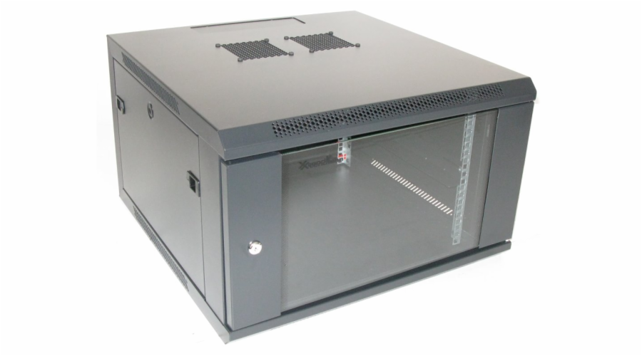 XtendLan 19" nástěnný rozvaděč 6U, šířka 600mm, hloubka 600mm, nosnost 60 kg, skleněné kouřové dveře, svařovaný, černý