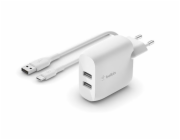 Belkin BOOST CHARGE™ Duální 24W USB-A nástěnná nabíječka + 1m USB-C kabel, bílá