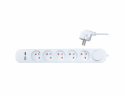 Solight prodlužovací přívod 5 zásuvek, USB A+C nabíječka 12W, 3m, 3 x 1mm2, bílý, vypínač