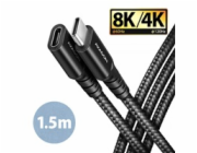 AXAGON BUCM32-CF15AB prodlužovací kabel USB-C (M) <-> USB-C (F), 1.5m, USB 20Gbps, PD 240W 5A, 8K HD, ALU, oplet, černý