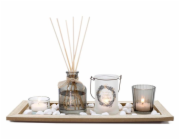 Svícen / diffuser 36 x 14 x 1 cm, 5 dílů + dekorace dřevo / sklo