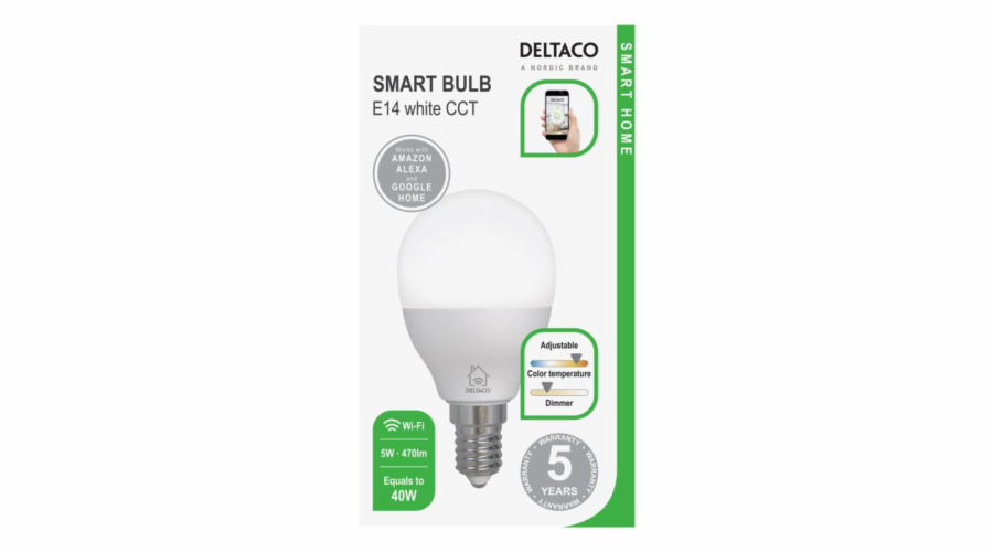 DELTACO SH-LE14G45W, SMART Led žárovka, E14