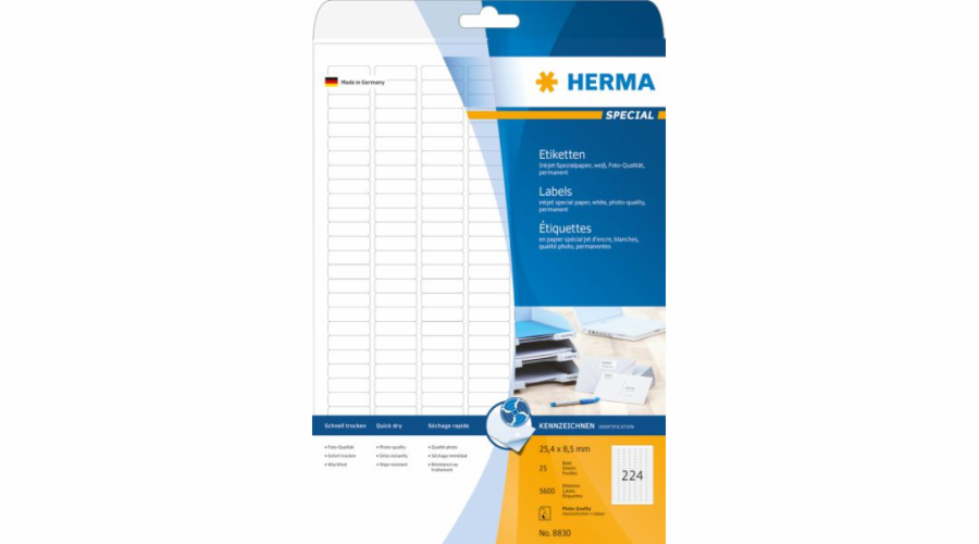 Herma Labels InkPrint 8830, A4, 25,4 x 8,5 mm, matný bílý papír, 5600 ks, zaoblené rohy (8830)