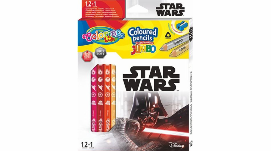 Patio JUMBO trojhranné pastelky na tužky 12 kusů 13 barev + ořezávátko Colorino Kids Star Wars