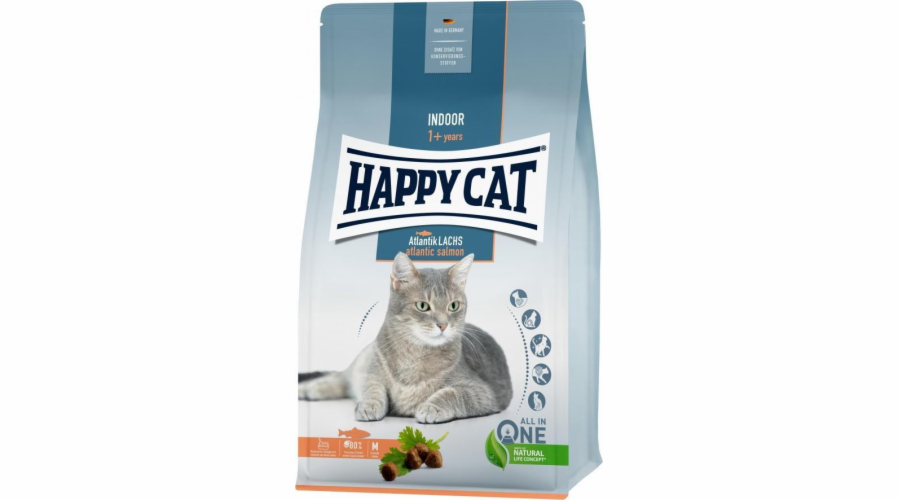 Happy Cat Indoor Atlantic Salmon, suché krmivo, pro dospělé domácí kočky, losos atlantický, 1,3 kg, sáček