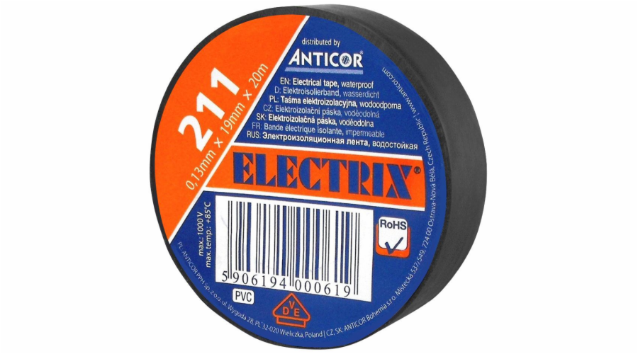 Anticor PVC elektroizolační páska, černá, 19mm, 20m