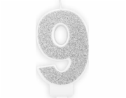 Narozeninová svíčka, číslo 9, stříbrný třpyt, 7 cm. univerzální