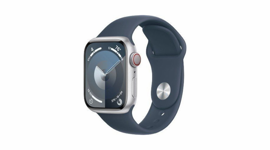 Apple Watch Series 9 GPS + mobilní chytré hodinky, 41mm stříbrné hliníkové pouzdro s bouřkově modrým sportovním páskem – S/M