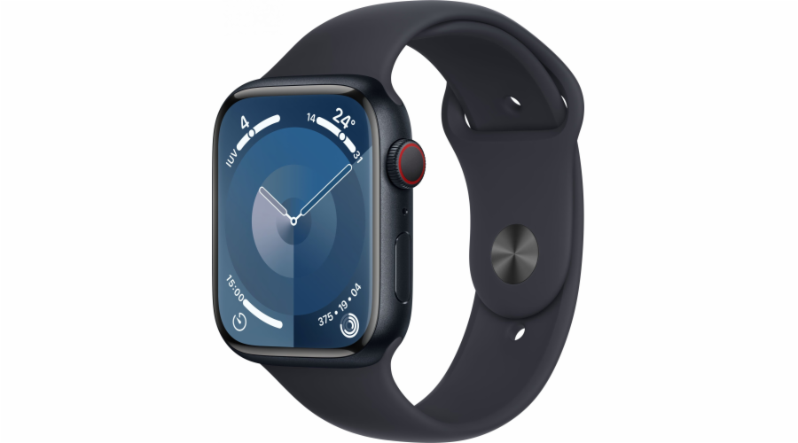 Apple Watch Series 9 GPS + mobilní chytré hodinky, 45mm půlnoční hliníkové pouzdro s půlnočním sportovním páskem – S/M