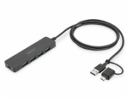 Digitus USB 3.0 Hub/4portový SlimLine USB A Hub + USB-C adaptér 1,2 m 5 Gb/s, USB-C napájecí konektor