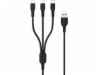 Denmen USB-A - USB-C + microUSB + Lightning kabel 1 m čer...
