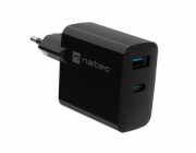Univerzální USB nabíječka Natec RIBERA GaN 65W, 1X USB-A, 1X USB-C, Černá