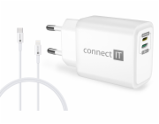 CONNECT IT DUPLEX Nabíjecí adaptér 1xLightning + 1×USB-C, 20W, kabel 27W, BÍLÝ