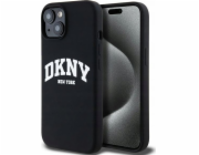 DKNY  Tekutý silikonový bílý tištěný log MagSafe - Pouzdro pro iPhone 14/15/13 (černé)