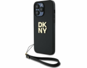 DKNY PU Leather Stack Logo Wrist Strap Zadní Kryt pro iPhone 14 Pro Black