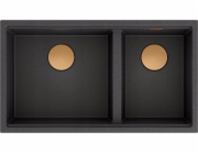 GraniteQ CLARK 842 Hard Rock dřez GraniteQ 2miskový závěsný dřez 840x485x255 mm onyx + měděná výpusť, úspora místa sifon + háčky