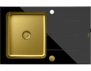Dřez Ford 111 HardQ, PVD zlatá ocelová mísa s černou skleněnou deskou, se sifonem Push 2 Open (780x500/R35)