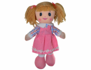 Panenka látková 30 cm tmavě růžové šatičky s modrými rukávy