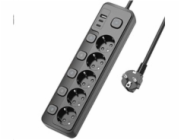 Viking síťová prodlužovací zásuvka YC53S, 5x AC 230V, 1x USB-A, 2x USB-C, tlačítko ON/OFF, délka 1,5 m, černá