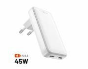 Nabíječka FIXED Slim síťová GaN s 2x USB-C výstupem a podporou PD, 45W, bílá