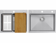 GraniteQ BURT 100 Workstation SteelQ dřez, 1-miskový dřez, b/o nerez 580*485 mm + push-to-open sifon + nerezový dávkovač. + odkapávací vložka+ Qmat