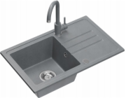 Dřez BEN 111, stříbrný kamenný granitový dřez, 70x44, s šedou baterií, pevným výtokem, ocelovým sifonem a uzávěrem