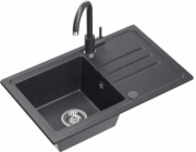 Dřez BEN 111, černý tečkovaný granitový dřez, 70x44, s černou baterií, pevným výtokem, ocelovým sifonem a uzávěrem