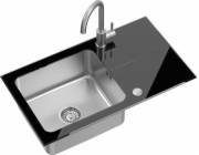 Dřez Steiner HUGH 111, ocelová mísa, černá skleněná deska, sifon a kryt (770x440/R35) + ocelová kuchyňská baterie KATE SteelQ, broušená ocel