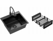 QUADRON LUKE 100 dřez, černý kovový ocelový dřez (50x45x20) s 1miskovým neč. sifonem + baterie s flexibilním černým kovovým výtokem