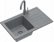 Dřez BEN 111, stříbrný kamenný granitový dřez, 70x44, s šedou baterií, pevným výtokem, šedým sifonem a šedým uzávěrem