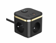Viking síťový adaptér YC33, 3x 230 V, 1x USB-A, 2x USB-C, tlačítko ON/OFF, délka 1,4 m, černá