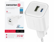 Swissten síťový adaptér gan 1x usb-c 35w pd + 1x usb-a 27w qc bílý