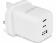 DICOTA - Síťový adaptér - kompaktní, GaN - 65 Watt - 5 A - PD 3.0 - 3 výstupní konektory (2 x USB-C, USB) - bílá - Velká Británie