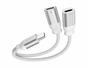 SWISSTEN NABÍJECÍ AUDIO ADAPTÉR TEXTILE USB-C (samec) / 2x USB-C (samice) 0,12 M BÍLÝ
