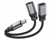 SWISSTEN NABÍJECÍ AUDIO ADAPTÉR TEXTILE USB-C (samec) / USB-C (samice) a 3,5mm AUX 0,12 M ČERNÝ
