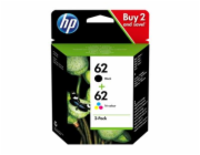 HP 62 - 2-balení - pigmentová černá, barva (azurová, purpurová, žlutá) - originální - černá, barva (azurová, purpurová, žlutá) - blistr - inkoustová cartridge - pro ENVY 55XX, 56XX, 76XX; Officejet 20