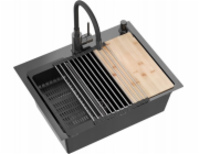 QUADRON LUKE 110 WORKSTATION dřez černý kov (58x45x20) s 1-miskovým sifonem bez + Qmat + vložka + dávkovač + deska + kohoutek s flexibilní hadicí