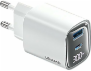 USAMS 30W GaN LED USB+USB-C CC229 rychle nabíjecí nástěnná nabíječka bílá