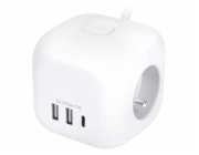 Solight 3z + USB A+C prodlužovací přívod - kostka, kabel 2m, 3 x 1mm2, bílý, vypínač - PP145C