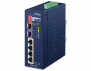 Planet IFGS-624PTF průmyslový L2 switch, 4x 10/100, 2x 1Gb SFP, 4x 802.3at PoE, -40~75°C, 12-54VDC, IP40, fanless, RING