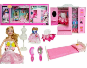 LeanToys Panenka s oblečením, šatní skříň, nábytek do pokoje, šatní skříň, postel, příslušenství