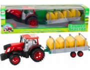 LeanToys Velký zemědělský traktor s přívěsem a balíky sena, červený