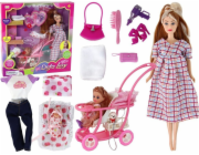 LeanToys Sada pro panenku Lucy s dlouhými hnědými vlasy a těhotnou kočárkem